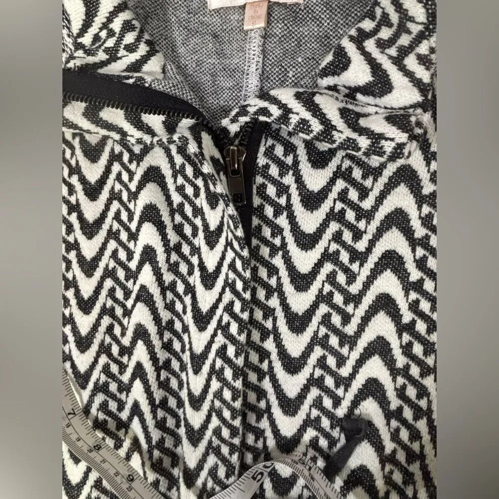 Skies are Blue Black White Boho Geo Zip Front Tie Waist Jacket Cardigan Size S